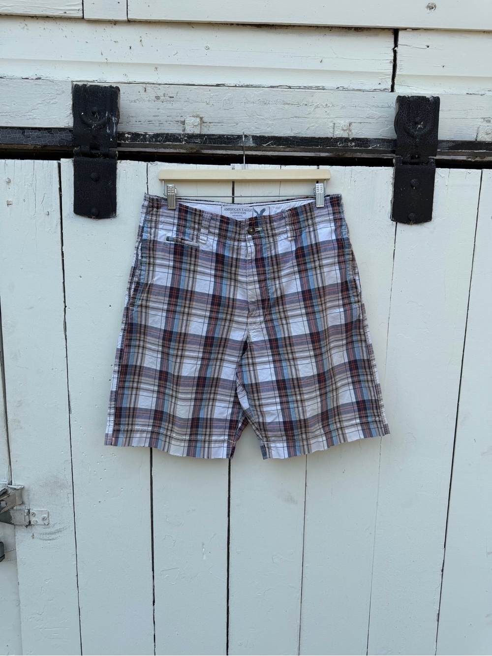 American Eagle Outfitters Plaid Cotton Flat-Front Shorts - White & Brown